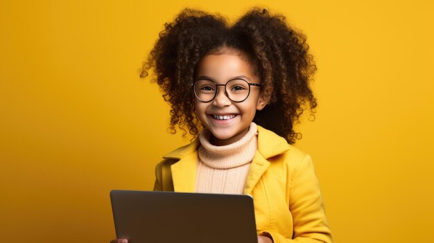 Ragazzino con un computer portatile su uno sfondo giallo