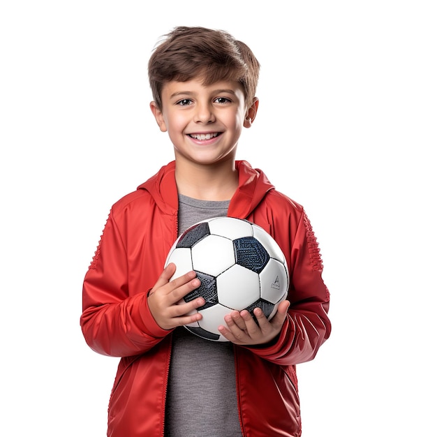 ragazzino con un pallone da calcio su sfondo bianco