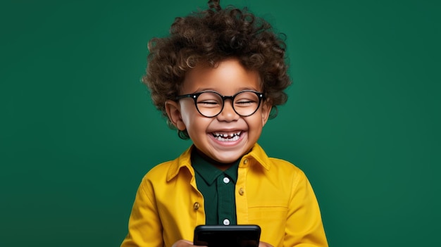 Ragazzino con un telefono cellulare su uno sfondo verde