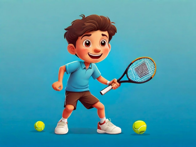 Ragazzino dei cartoni animati che gioca a tennis isolato sullo sfondo blu