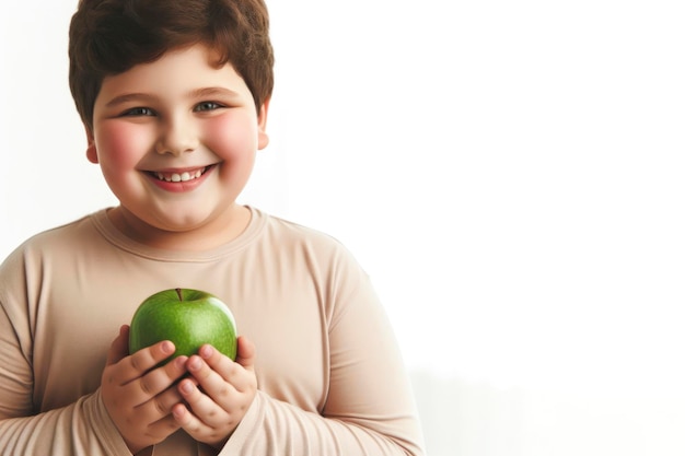 ragazzino di taglia plus tiene una mela verde sorridendo su uno sfondo bianco