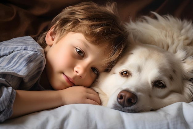 Ragazzino e cane sdraiato sul letto insieme capretto vicino al suo animale domestico a casa