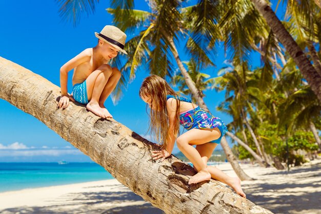 Ragazzino e ragazza divertirsi su un albero di cocco su una spiaggia tropicale sabbiosa. Il concetto di viaggio e vacanze in famiglia.