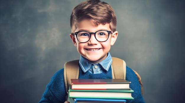 Ragazzino elegante con uno zaino che guarda la telecamera su uno sfondo grigio Torna a scuola