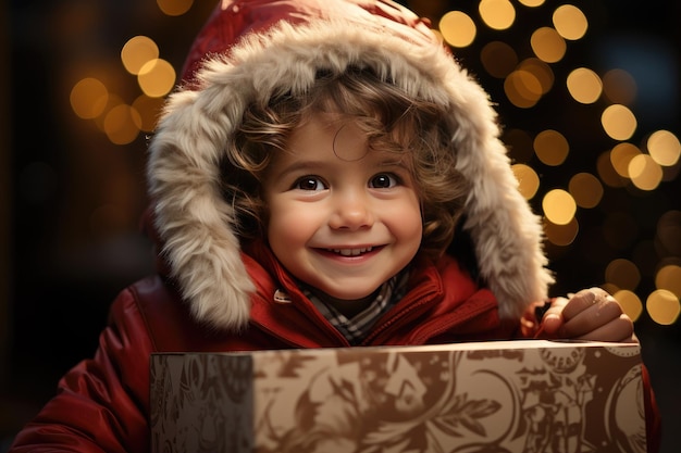 Ragazzino felice dai capelli ricci con regalo di Natale su sfondo bokeh Contenuto AI generativo del primo piano