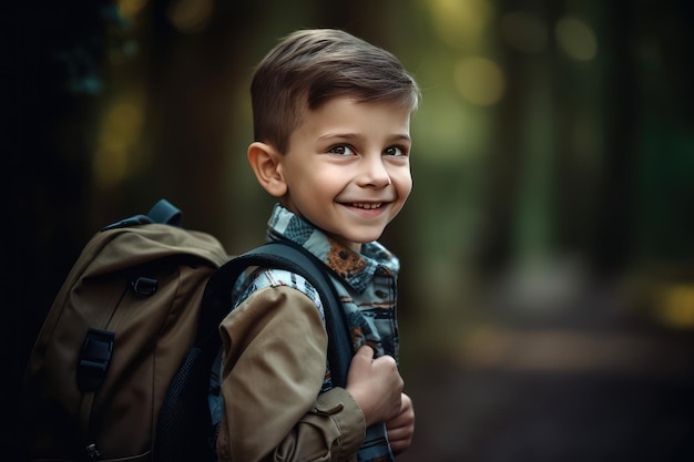 Ragazzino felice e sorridente che porta uno zaino