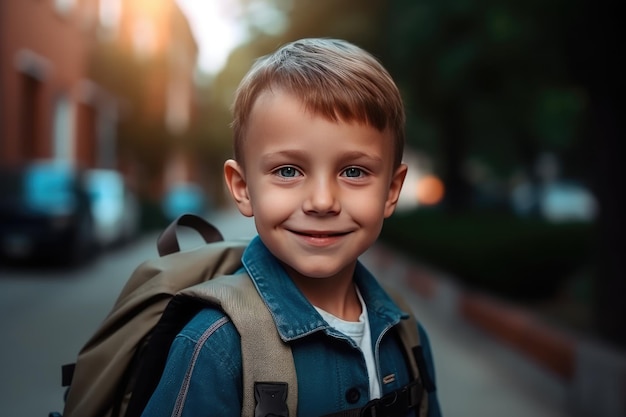 Ragazzino felice e sorridente che porta uno zaino