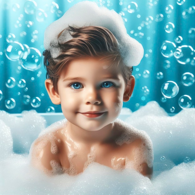 ragazzino in bagno con schiuma e bolle sullo sfondo blu brillante