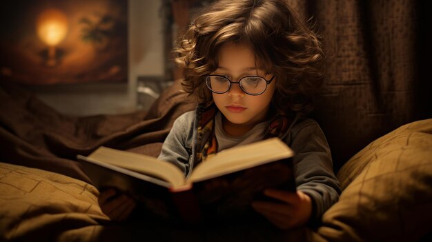 ragazzino intelligente con gli occhiali che legge un libro