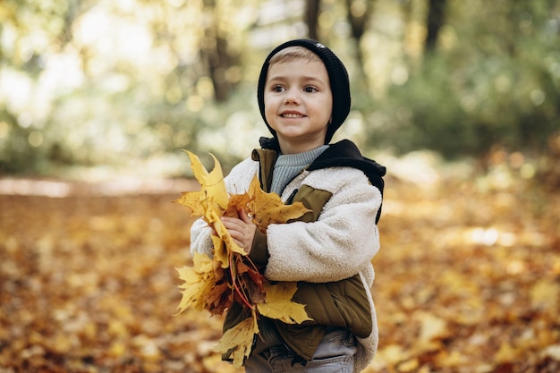 Ragazzino nel parco che tiene le foglie di autunno