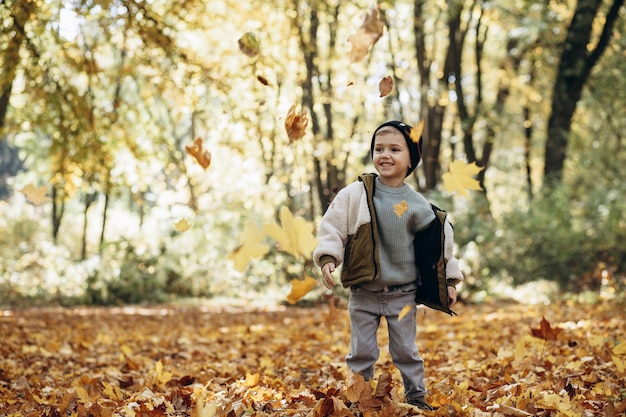 Ragazzino nel parco che tiene le foglie di autunno