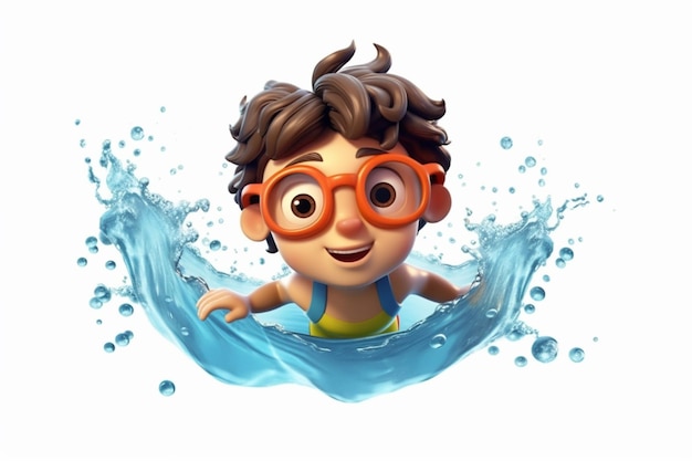ragazzino nuota con lo stile dei cartoni animati 3d