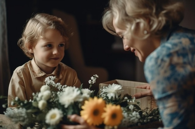 ragazzino regala fiori a sua madre