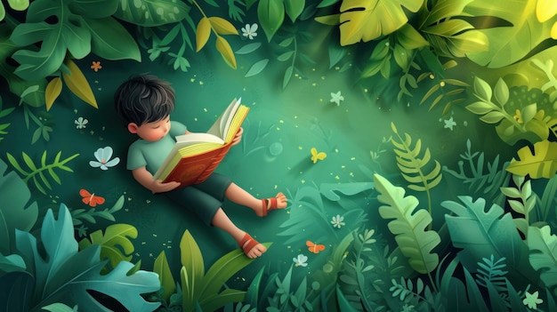 ragazzino sdraiato sul terreno verde che legge una storia da un libro sfondi bambini39s libri