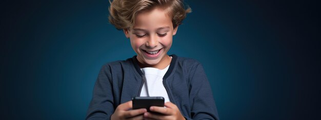 Ragazzino sorridente con un telefono cellulare su uno sfondo colorato.