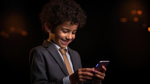 Ragazzino sorridente con un telefono cellulare su uno sfondo colorato.