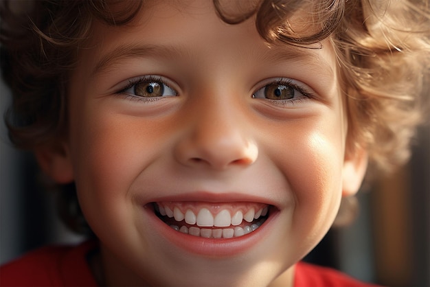 Ragazzino sorridente da vicino ritratto occhi azzurri felice ragazzo carino generato dall'intelligenza artificiale