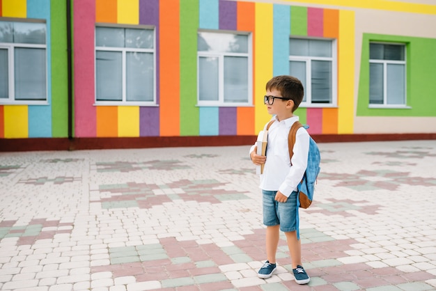 Ragazzino sveglio con uno zaino e libri