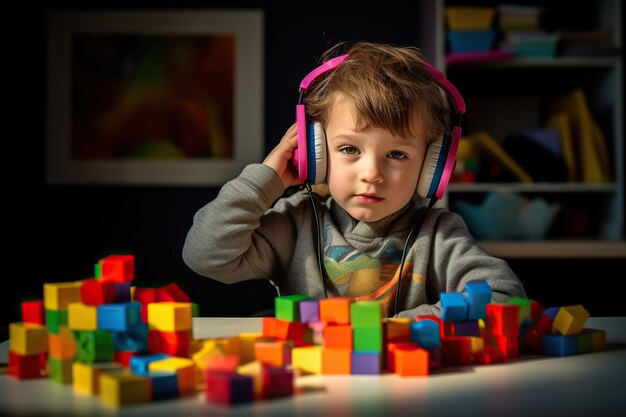 Ragazzino sveglio in cuffie che gioca con blocchi di legno colorati a casa