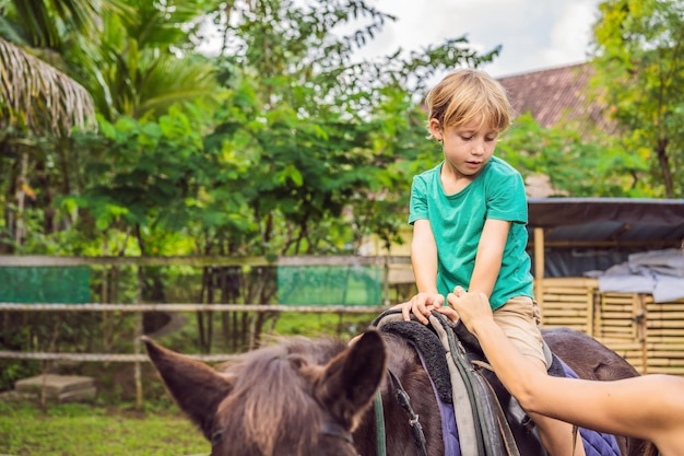 Ragazzo a cavallo che esegue esercizi a cavallo