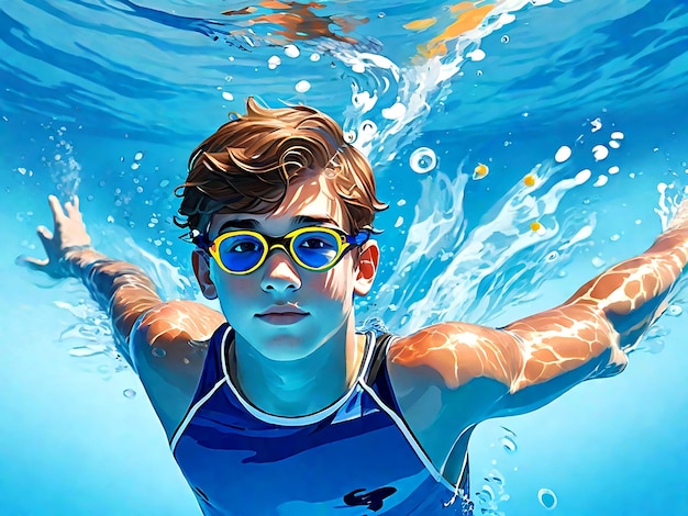 Ragazzo adolescente che nuota nell'acqua blu AI_Generated