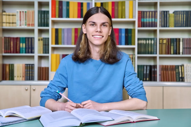 Ragazzo adolescente che studia nella biblioteca del college scrivendo nei libri di lettura del taccuino