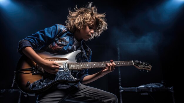 Ragazzo adolescente che suona la chitarra sullo sfondo scuro