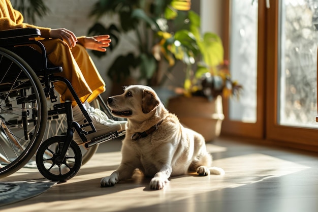 Ragazzo adolescente disabile in sedia a rotelle con il cane a casa