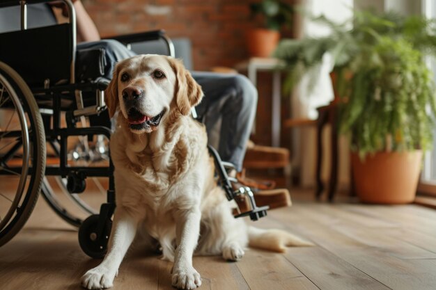 Ragazzo adolescente disabile in sedia a rotelle con un cane a casa