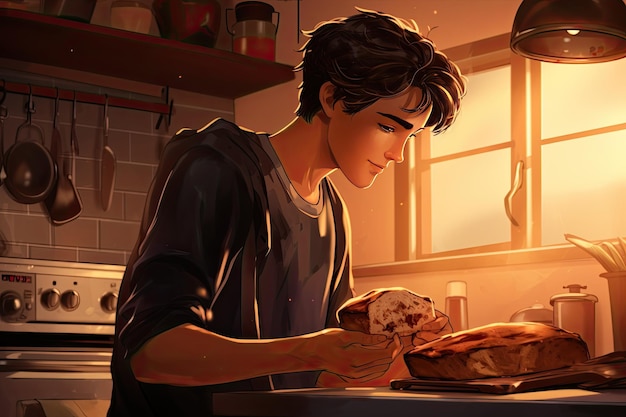 Ragazzo adolescente in cucina che fa toast mostrando indipendenza e abilità culinarie si occupa di fa