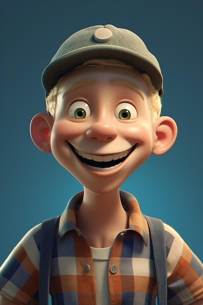 ragazzo adolescente stile pixar faccia molto felice che indossa cappello da pescatore capelli corti biondi rasati