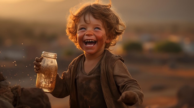 Ragazzo africano eccitato con una bottiglia d'acqua rinfrescante che mostra pura gioia e felicità nei suoi occhi