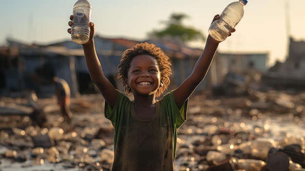 Ragazzo africano molto felice con una bottiglia d'acqua in mano