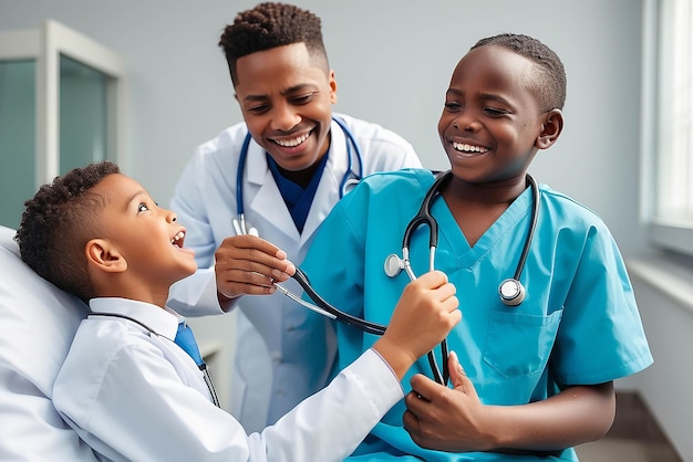 Ragazzo afroamericano che ride paziente che prende medici maschi stetoscopio in ospedale Servizi medici e sanitari dell'ospedale