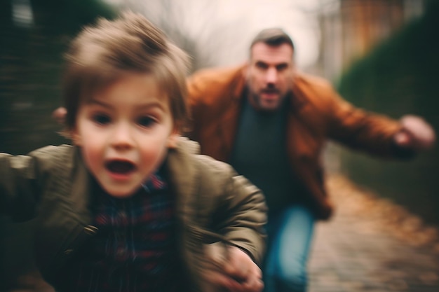 Ragazzo agitato che fugge dalla rabbia del padre Protezione e legge sulla violenza contro i bambini