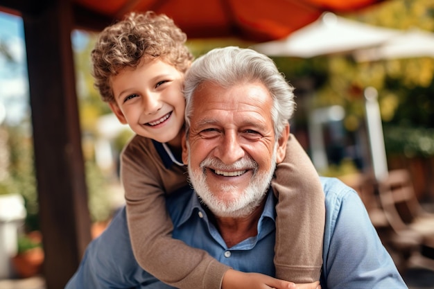 Ragazzo allegro che abbraccia il nonno a casa