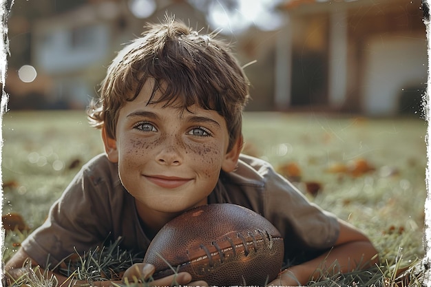 Ragazzo allegro che si diverte il giorno d'autunno con il calcio nel cortile