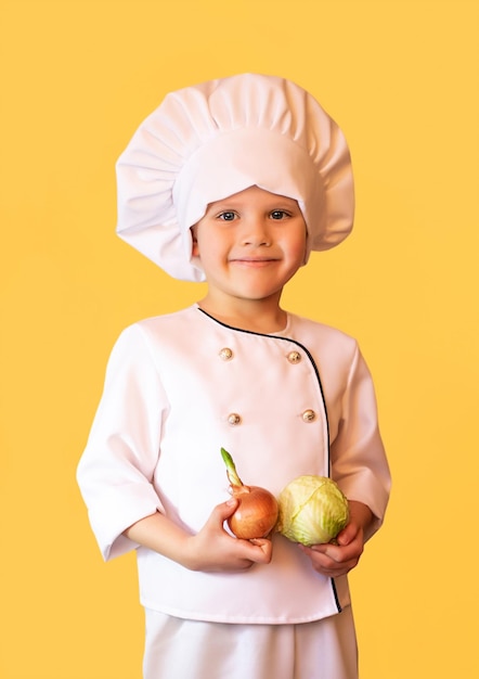 Ragazzo allegro in uniforme da chef con le verdure in mano