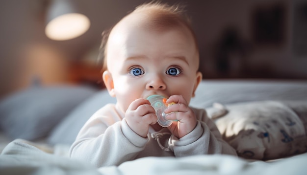 Ragazzo appena nato carino che gioca con il peluche generato dall'intelligenza artificiale