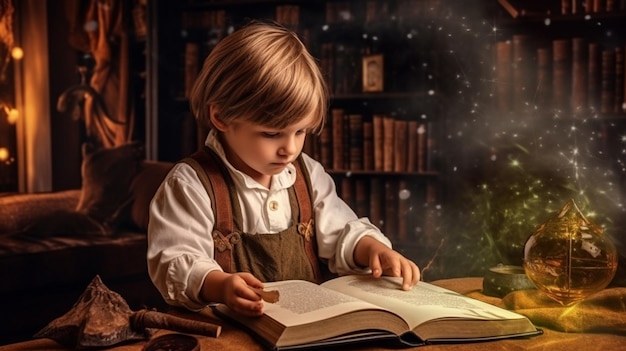 Ragazzo Arafed che legge un libro in una biblioteca con una luce magica proveniente dal libro generativo ai
