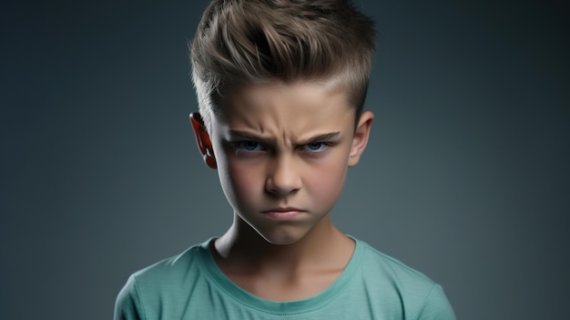 Ragazzo arrabbiato che guarda la telecamera isolato sullo sfondo minimalista