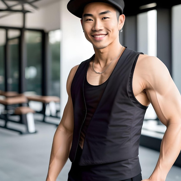 Ragazzo asiatico carino e muscoloso sorridente con cappello nero e canottiera sorridente illustrazione