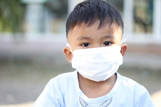 Ragazzo asiatico che indossa una maschera facciale per proteggere il virus corona e l'inquinamento atmosferico pm2.5 con sfondo sfocato.