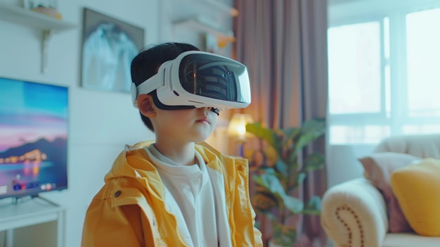 Ragazzo asiatico che studia con gli occhiali VR a casa