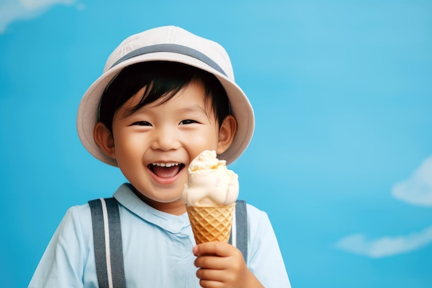 Ragazzo asiatico che tiene il cono gelato in studio con spazio di copia su sfondo blu