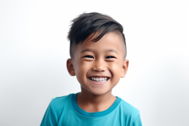 Ragazzo asiatico sorridente indossa un abito blu su sfondo bianco