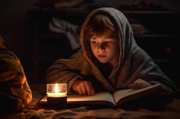 ragazzo avvolto in una coperta che legge un libro con una candela accesa, spegnimento domestico freddo dell'elettricità per il riscaldamento