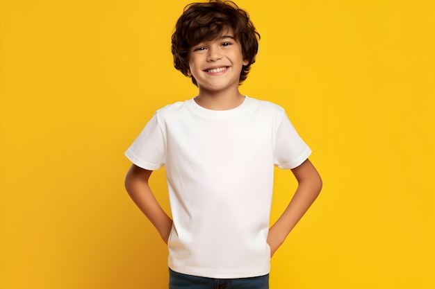 Ragazzo bambino maschio che indossa un modello di camicia bianca in tela bella su sfondo giallo Mockup di presentazione per la stampa del modello di tshirt di design Generato dall'IA