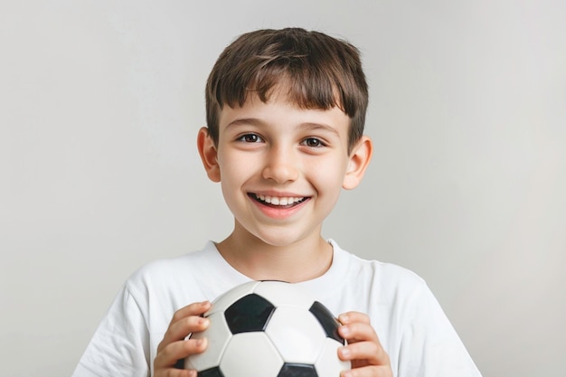 Ragazzo bello con una palla da calcio in mano che posa nello studio concetto di calcio