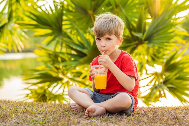 Ragazzo bere frullati sani sullo sfondo delle palme Frullati di mango Alimentazione sana e vitamine per i bambini